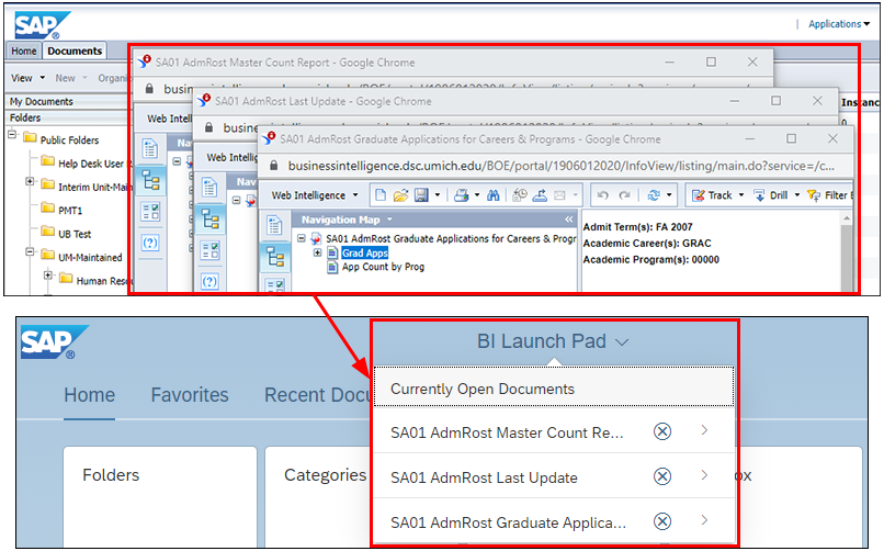Screenshots how multiple documents are opened in separate windows in the current BusinessObjects and how they are listed under the main page header drop-down list in the new BusinessObjects.
