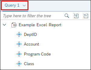 Screenshot of the Query Panel showing the list of objects from the Excel report