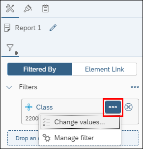 Screenshot of the Report Element Data menu on a filter tile.