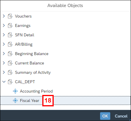 Screenshot of the Available Objects window showing Fiscal Year selected