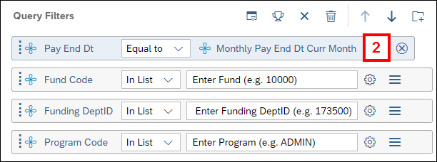 Screenshot of the Query Filters section of the Query Panel showing the date filter value replaced with Monthly Pay End Dt Curr Month.