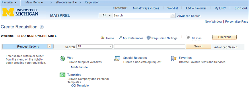 Create a special request ePro Requisition from the Create Requisition page in M-Pathtways screenshot