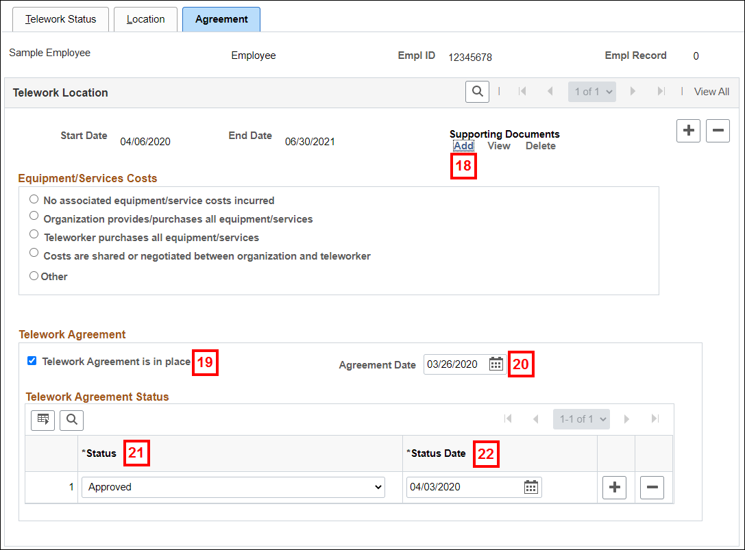 A section of the agreement tab showing the telework agreement is in place checkbox and agreement date