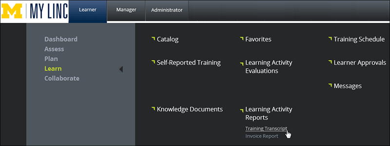 Screenshot of navigating to the Training Transcript by hovering over Learn, hovering over Learn, then clicking Training Transcript