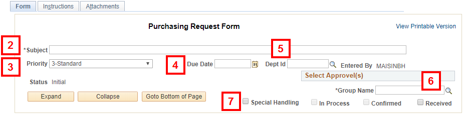 Purchasing Request Form - Header Information section - field location for step 2-7