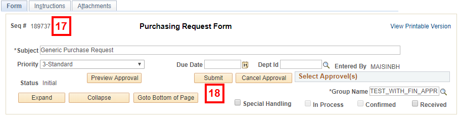 Purchasing Request Form - Header Information section - field location for step 17-18