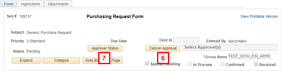 Purchasing Request Form - Header Information section - field location for step 6-7