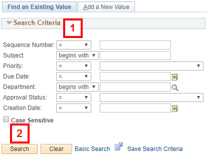 Find an Existing Value Page - field location for step 1-2