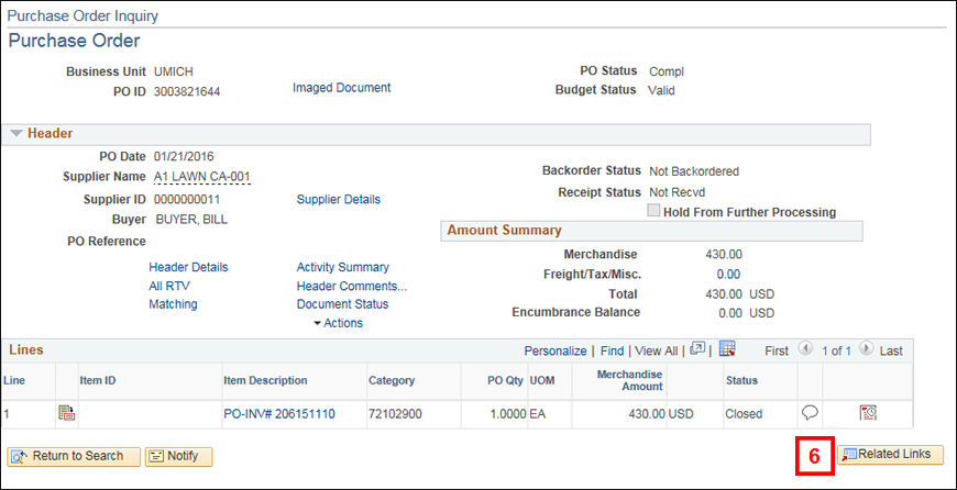 Purchase Order Inquiry page