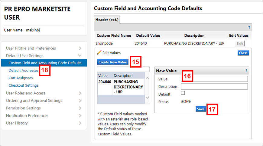Custom Field and Accounting Code Defaults continued