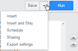Screenshot of options in Save menu when creating a report.