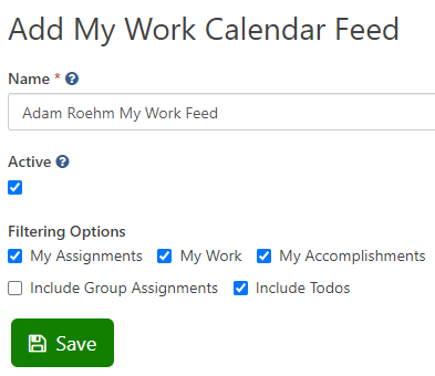screenshot of add my work calendar feed page