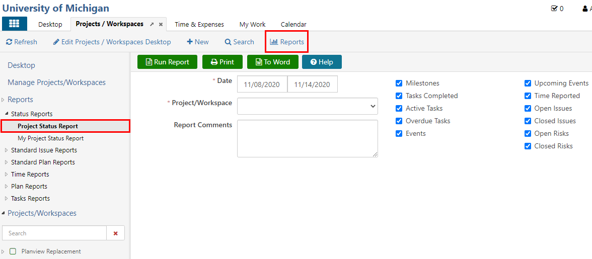 screenshot of Projects/Workspaces - Reports page