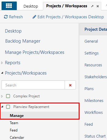 screenshot of projects/workspaces menu