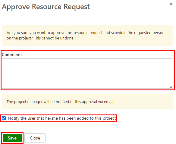 screenshot of Approve Resource Request page