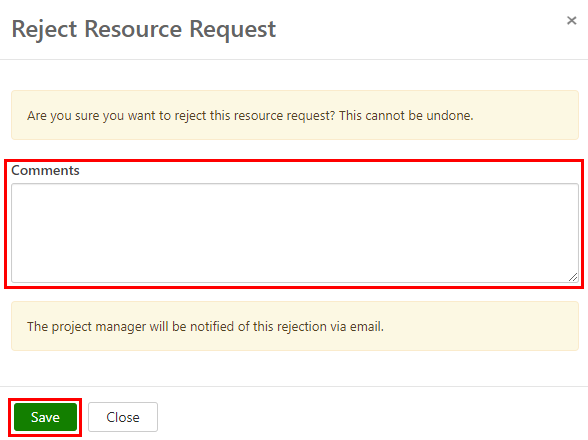screenshot of Reject Resource Request page