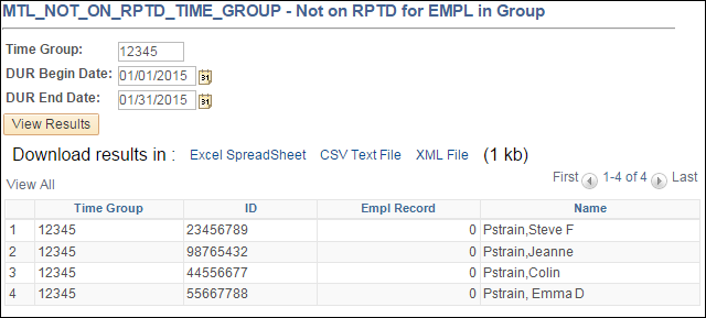 MTL_NOT_ON_RPTD_TIME_GROUP report screenshot.