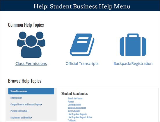 student business menu screenshot